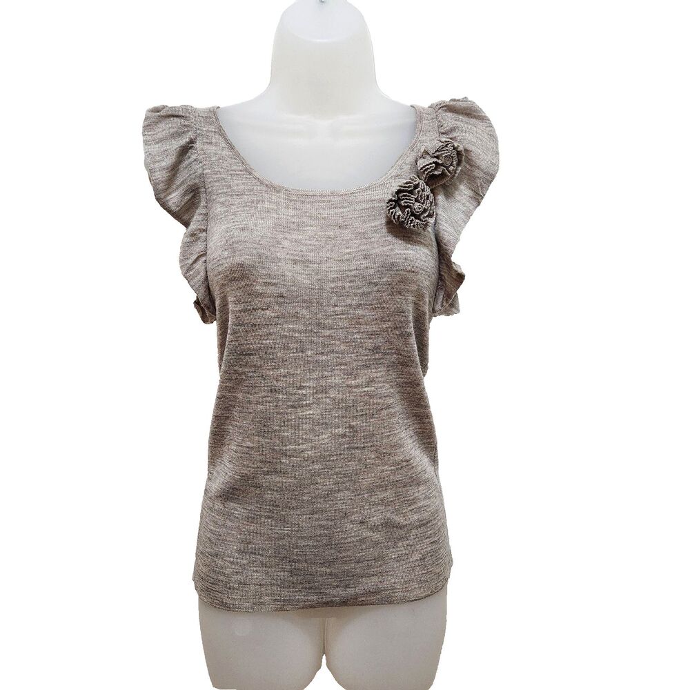 Mango Womens Knit Top Size S Embellished Rosette Flutter Sleeve Beige Neutral